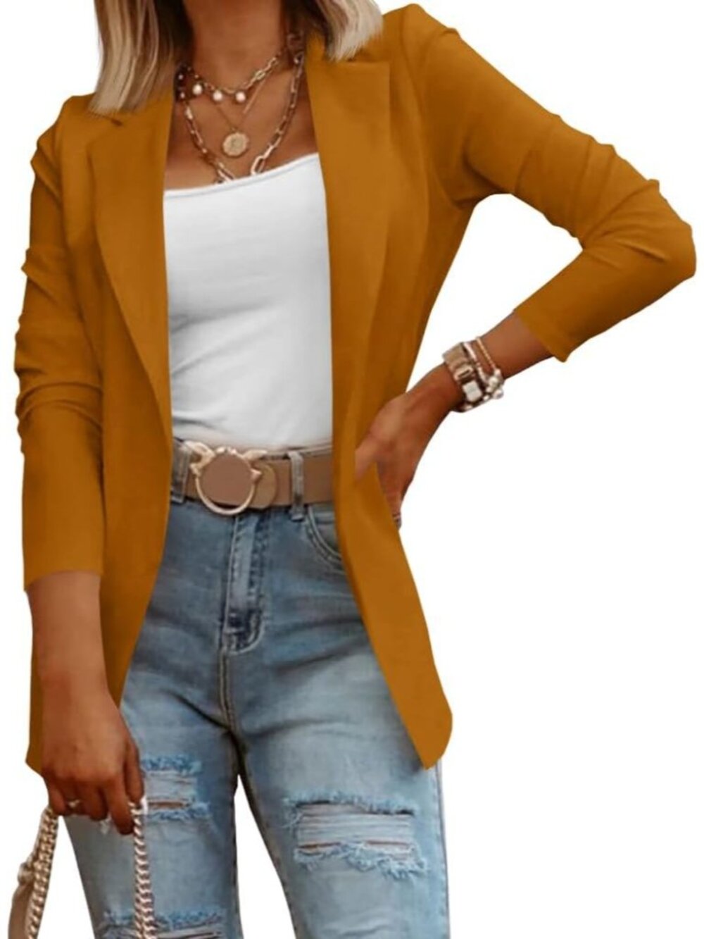 Women's Brown Long Sleeve Knit Blazer Work Business Outfits Open Front Jacket - Picture 2 of 4